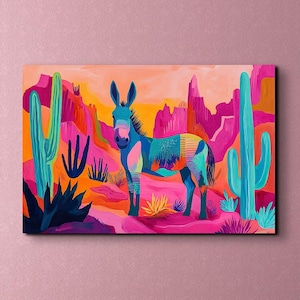 The Original Day Glow Southwest Donkey Ready To Hang Canvas Wall Art Print, Retro Art, Desert Art, Southwest Landscape Art