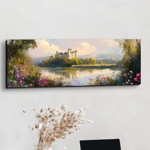 Rustic English Countryside Castle Landscape, Tranquil Landscape Art, Ready To Hang Panoramic Canvas Wall Art Print, Large Wall Art