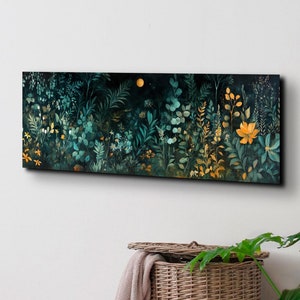 Wildflowers at Night, Wildflowers Field Landscape Wall Art, Panoramic Moody Wall Art, Dark Floral Landscape Painting, Above Bed Decor