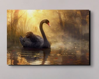 Stampa artistica da parete su tela Black Swan, Bird Art, Arte da parete extra large Arte contemporanea Arredamento soggiorno Swan Decor, Nature Art