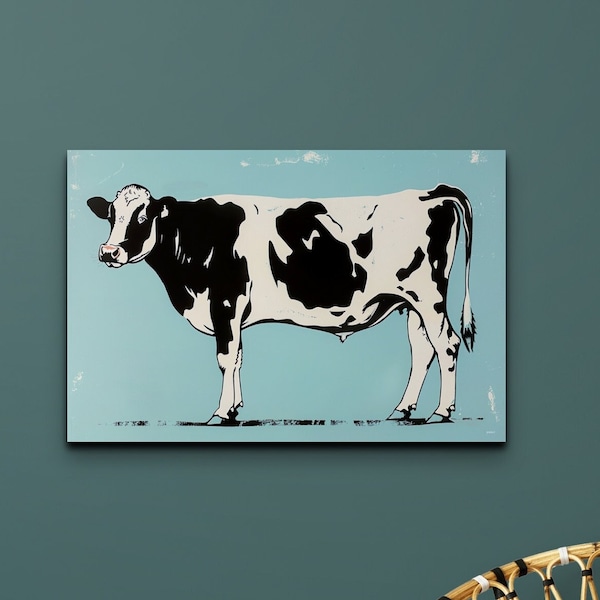 Spotted Cow Canvas Wall Art Print, Farm Decor Large Canvas Art, Kitchen Decor, Green Decorating, Home Decor. Holstein Friesian Cow