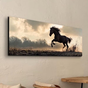 Impresión de arte de pared en lienzo panorámico listo para colgar con semental negro, arte de caballo, decoración de caballos, caballo blanco y negro