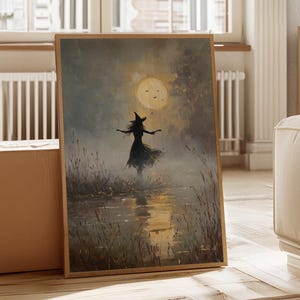 Moonlight Witch Silhouette Art | Atmospheric Halloween Canvas Print for Moody Autumn Home and Seasonal Decor