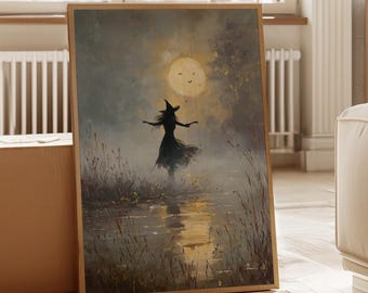 Moonlight Witch Silhouette Art | Atmospheric Halloween Canvas Print for Moody Autumn Home and Seasonal Decor
