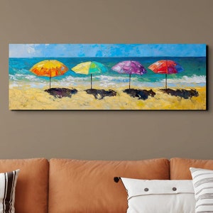 Beach Parasols Oil Painting Ready To Hang Panoramic Canvas Wall Art Print, Large Wall Art, Panoramic Canvas Wall Art
