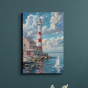 Lighthouse Wall Art Colorful Seascape Painting Printed on Canvas, Nautical Wall Decor, Ready to Hang Portrait, Sea Art