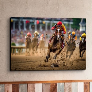 Dinámicas carreras de caballos del Derby de Kentucky listas para colgar impresión de arte de pared de lienzo, arte de pared de lienzo de carreras de caballos, obras de arte colgantes del Derby de Kentucky