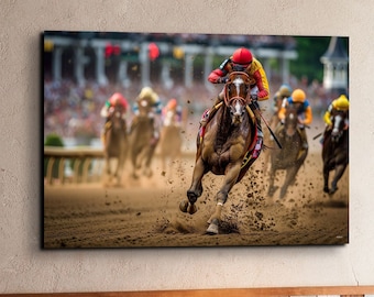 Dynamic Kentucky Derby Horse Racing Ready To Hang Canvas Wall Art Print, Horse Racing Canvas Wall Art, Kentucky Derby Hangable Artwork