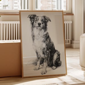 May include: A framed black and white print of a dog, likely a Border Collie, is displayed in a well-lit room. The dog is sitting and looking directly at the viewer. The frame is a light brown color. The room has a neutral color palette.