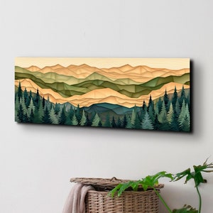 Panoramic Wood Toned Geometric Mountain Range Ready To Hang Panoramic Canvas Wall Art Print, Neutral Tone Artwork, Panoramic Art
