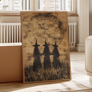 Three Witches Moon Canvas Wall Art, Gothic Halloween Witch Poster, Mystical Pagan Decor, Dark Feminine Energy Print for Witchy Vibes