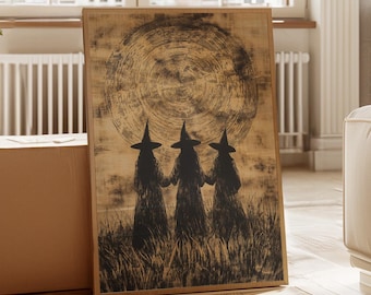 Three Witches Moon Canvas Wall Art, Gothic Halloween Witch Poster, Mystical Pagan Decor, Dark Feminine Energy Print for Witchy Vibes