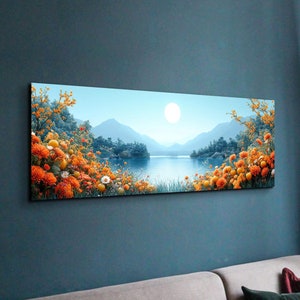 Beautiful Serene Ocean Wild Flowers Landscape, Tranquil Landscape Art, Ready To Hang Panoramic Canvas Wall Art Print, Large Canvas Wall Art