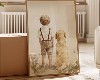 May include: A framed watercolor print depicts a young child and a golden retriever dog standing side-by-side, facing away from the viewer. The artwork is in a wooden frame and is set against a neutral background. The child wears shorts and suspenders.