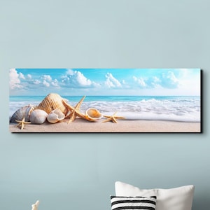 Sea Shells On White Sand Beach Ready To Hang Panoramic Canvas Wall Art Print, Large Canvas Wall Art, Ocean Decor, Peaceful Wall Art