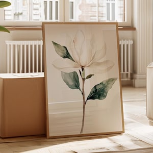 Soft Watercolor Magnolia Flower Art Print - Elegant White Magnolia with Green Leaves, Botanical Floral Decor for Minimalist Home Interiors