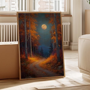 Moonlit Autumn Forest Path Art Print – Fall Night Landscape Painting with Full Moon Glow – Woodland Trail Wall Decor