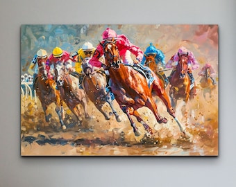 Dynamic Kentucky Derby Horse Racing Ready To Hang Canvas Wall Art Print, Horse Racing Canvas Wall Art, Kentucky Derby Hangable Artwork