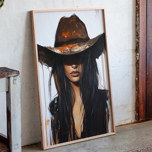 Cowgirl Wall Art Canvas - Kobieta z Zachodu w Kapeluszu z Czarnymi Włosami Drip Style Painting - Rustykalna Dekoracja Ścienna