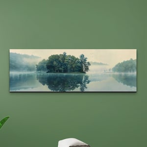 Panoramic Lake Watercolor Forest Canvas Wall Art Print, Foggy Tree & Lake Wall Art, Peaceful Wall Art, Lake Canvas Wall Art, Panoramic Art