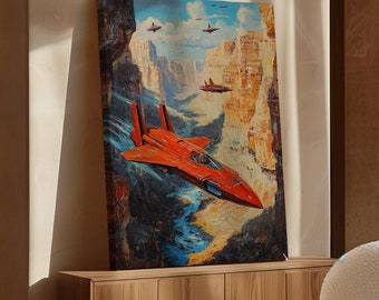 Avión de combate rojo futurista en un cañón: arte en lienzo de carreras de naves espaciales de ciencia ficción para una decoración de habitación inspirada en ciencia ficción y alta tecnología