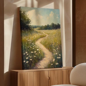 Meadow Pathway Canvas Art - Serene Countryside Landscape with Wildflowers and Sunlit Trail, Rustic Wall Decor for Nature Lovers