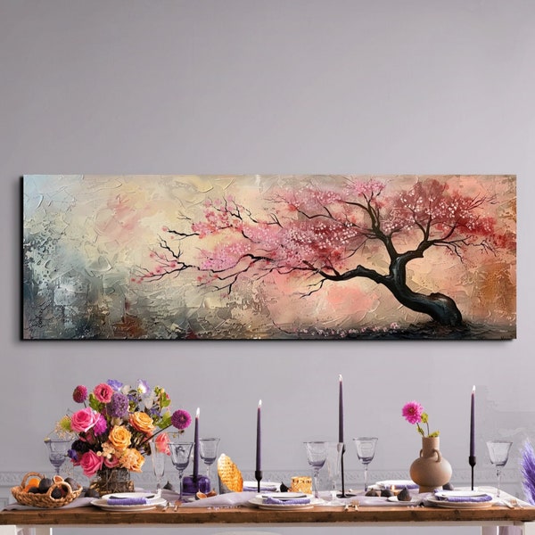 Oil Painting Style Sakura Tree Canvas Wall Art Print, Panoramic Wall Decor, Home Decor, Livingroom Art, Ready To Hang, Nature Decor