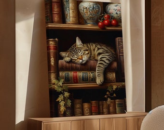 May include: A canvas print of a tabby cat sleeping on a bookshelf filled with books. The cat is lying on its side with its head resting on a stack of books. There are also some decorative items on the shelf, including a vase with flowers and a bowl of fruit.