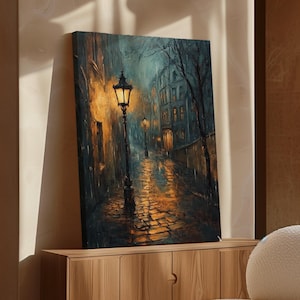 Rainy Night Cityscape with Glowing Lamp Posts | Moody Urban Street Scene Canvas Art | Romantic Rain Reflections for Cozy Wall Decor