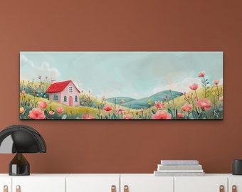 Whimsical Folk Art Painting Countryside Cottage Colorful Flower Field Canvas Print, Rustic Storybook Wall Art Nursery Room Decor, Panoramic