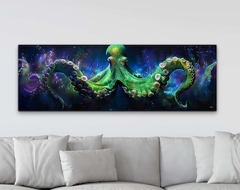 Lichtgevende Octopus Canvas Wall Art Print, Verpakte Canvas Kunst, Dierencanvas, Octopus Muurkunst, Klaar om op te hangen, Eigentijds, Trendy, Modern