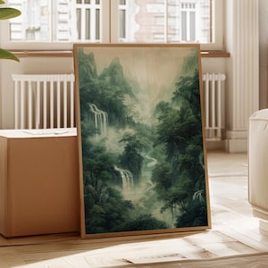 Mistige waterval landschap canvas - Chinese inktwas schilderij - rustige natuurkunst - Zen Mountain Decor - serene Aziatische muurafdruk