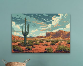 Impresión de arte de lienzo del desierto del suroeste de Arizona, arte del lienzo del desierto, decoración de la pared del cactus, arte del lienzo del cactus, decoración del hogar del suroeste, paisaje