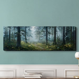 Enchanted Misty Forest Canvas Wall Art Print, Panoramic Wall Decor, Livingroom, Ready To Hang, Nature Decor, Misty Forest, Foggy Haze, Smoky