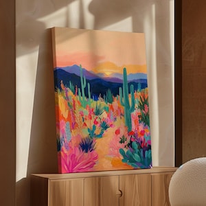 Colorful Desert Cactus Landscape Art - Vibrant Southwest Scene with Flowers and Mountains, Perfect for Bright and Bold Home Decor