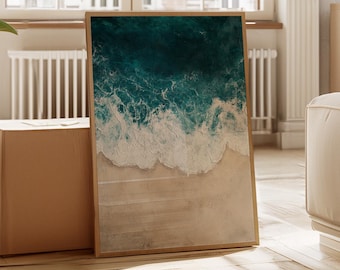 Aerial Ocean Wave Canvas Wall Art with Textured Surf and Sandy Beach for Modern Coastal, Nautical, or Beach House Wall Decor