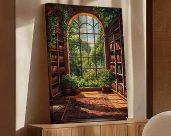 Puede incluir: Una impresión en lienzo enmarcada representa una escena de biblioteca con una ventana arqueada que da a un exuberante jardín. Estanterías llenas de libros bordean las paredes y una alfombra estampada está en el suelo. La impresión se exhibe sobre un mueble de madera.