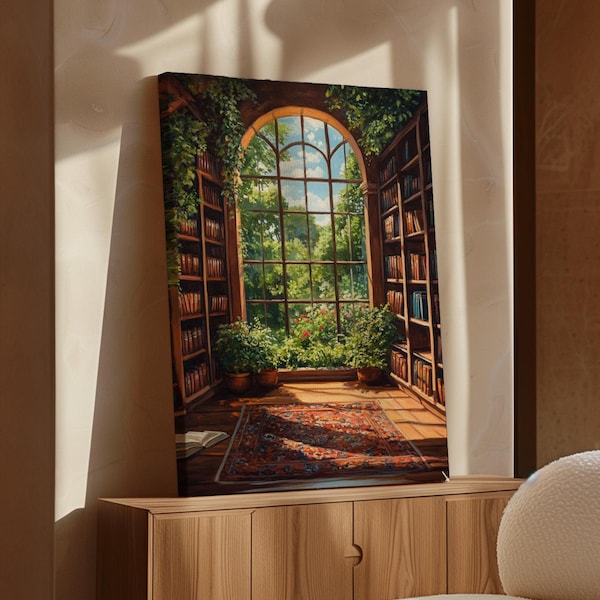 Cozy Library with Sunlit Garden View Canvas Wall Art - Vintage Bookshelves, Large Window, and Rustic Charm for Home Decor