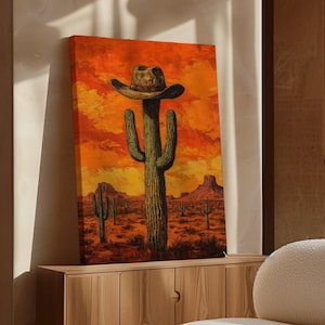 Western Desert Cactus Canvas - Quirky Cowboy Hat Art, Vibrant Orange Sunset, Rustic Southwestern Decor, Unique Wall Art for Ranch Homes
