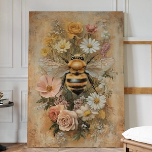 Bumblebee and Wildflower Canvas Wall Art - Nature-Inspired Decor with Vibrant Floral Design
