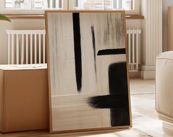 Modern minimalistisch abstract canvas in zwart-wit met gedurfde verticale en horizontale penseelstreken voor eigentijds muurdecoratie