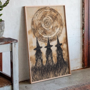 Three Witches Spiral Moon Canvas Art, Gothic Witch Wall Decor, Mystical Occult Print for Halloween, Pagan Home or Witchy Aesthetic Space