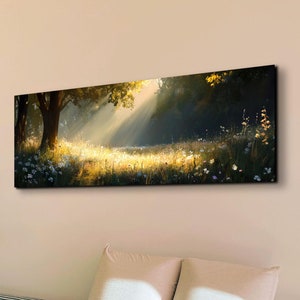 Beautiful Serene Wild Flower Landscape, Tranquil Landscape Art, Ready To Hang Panoramic Canvas Wall Art Print, Large Canvas Wall Art
