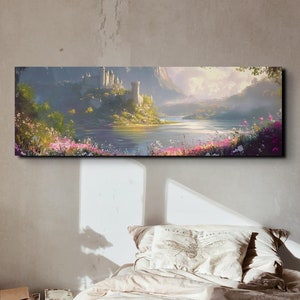 Rustic English Countryside Castle Landscape, Tranquil Landscape Art, Ready To Hang Panoramic Canvas Wall Art Print, Large Wall Art