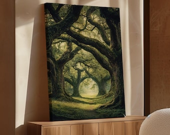 Magical Forest Arch Canvas Art - Ancient Tree Pathway, Mystical Woodland Landscape, Nature-Inspired Wall Decor, Enchanted Forest Scene
