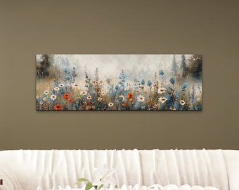 Vintage Wildflower Scene Canvas Art Print, Extra Large Wall Art, Panoramic Artwork, Nature Art