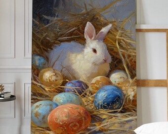 Osterhase Leinwand Wandkunst, weißes Kaninchen im Heu-Nest mit bunt bemalten Eiern, Vintage Ölgemälde Stil Frühlingsurlaub Hausdekor