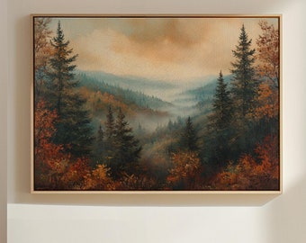 Misty Autumn Mountain Landscape Canvas Art - Fall Forest Scene with Vibrant Foliage - Tranquil Nature Wall Decor