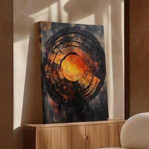 Fiery Tree Ring Wall Art - Bold Textured Wood Grain Print in Deep Charcoal and Ember Hues, Unique Nature-Inspired Decor for Modern Homes