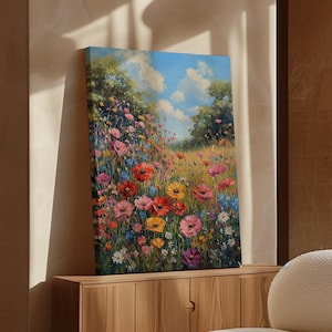 Wildflower Meadow Canvas Art - Vibrant Floral Landscape with Colorful Blooms, Poppies, and Daisies Under a Sunny Blue Sky